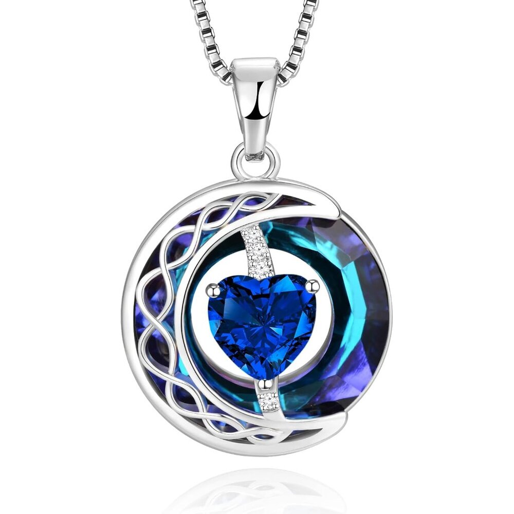 Necklace for Womens Blue Sapphire Necklace Moon Pendant S925 Sterling Silver Cry